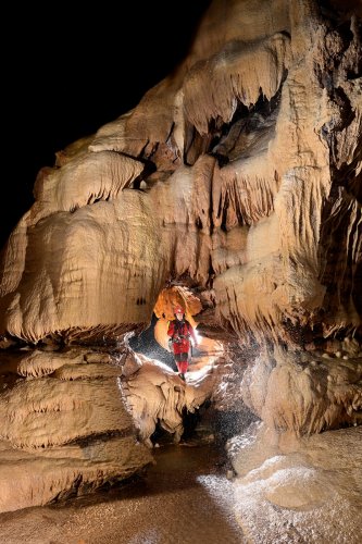 Grotte de l'Olivier (Lot) - Spéléo  au milieu de grandes coulées de calcite arrosées (format vertical)(SP-23-1782)